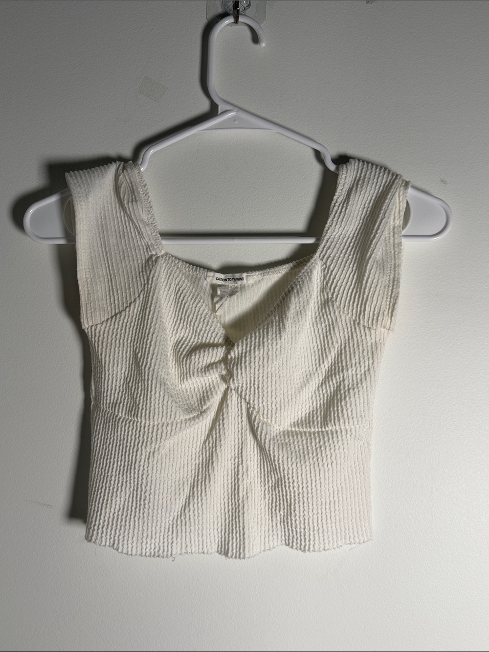 Caution to the wind white ribbed crop top sweetheart neckline twist front top